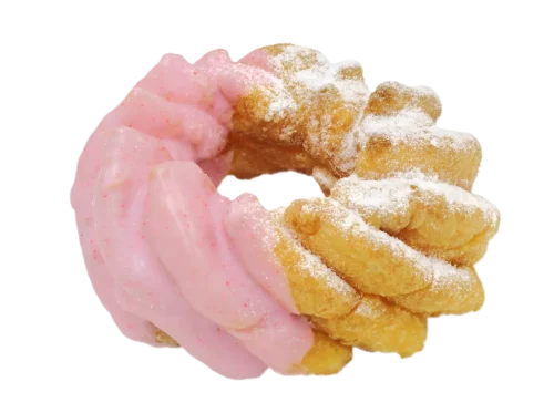 いちごのフレンチクルーラー｜フレンチクルーラー生地にホイップを入れ、いちごコーチングで仕上げたドーナツ